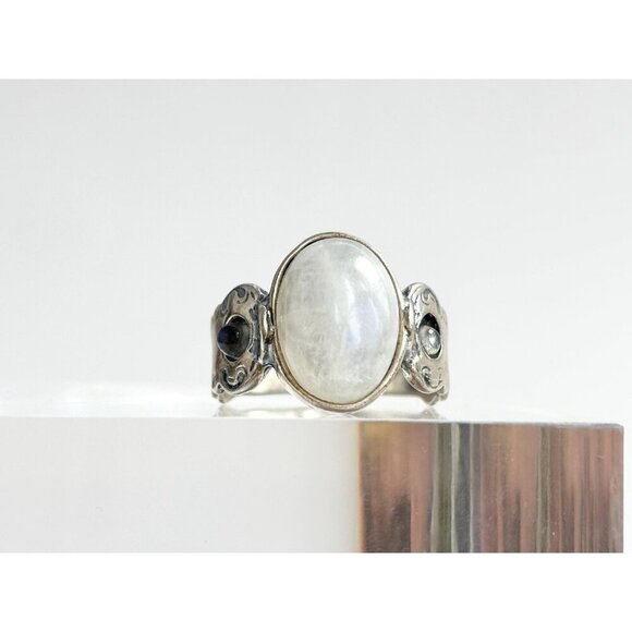 Moonstone Art Deco Sterling Silver Cabochon Israeli Made Vintage Ring - sz 10 - Picture 2 of 10